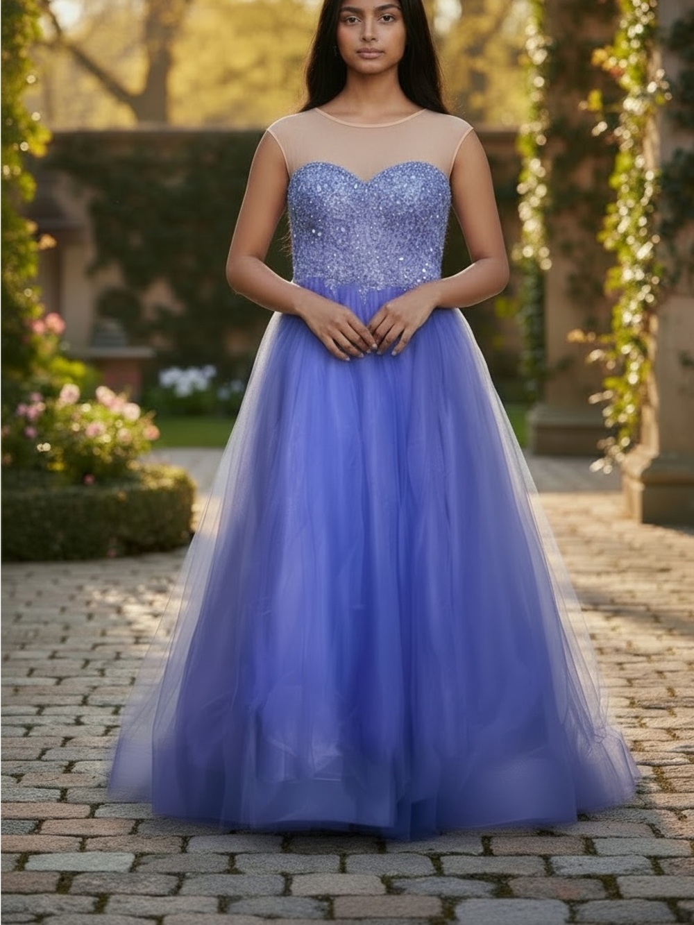 Girls Purple Tulle Party Dress with Beaded Bodice